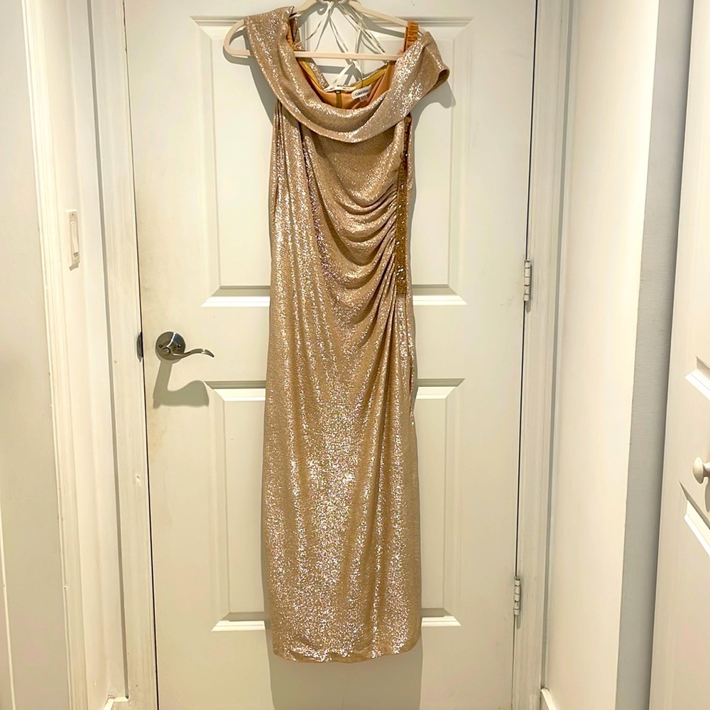 Calvin Klein Gold Off the Shoulder Evening Gown Sz 10
